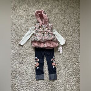 Little Lass Girl 3-Piece Faux Fur Puffer Vest, Tee & Leggings Set  Size 2T